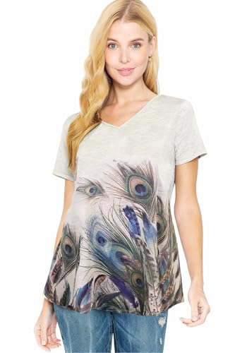LEEBE Women and Plus Size Short Sleeve Printed Swing Tunic Top (Small-5X) - color: 25feather / Lt Grey, size: 1X