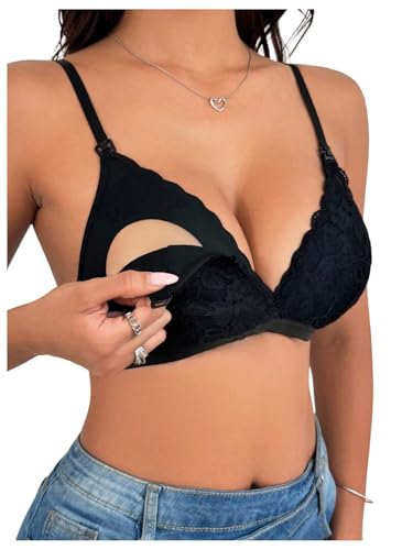 MakeMeChic Women's Nursing Bras for Breastfeeding Lace Maternity Lingerie - color: Black Solid, size: Small