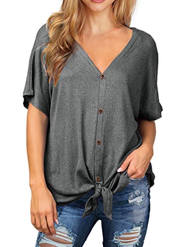 IWOLLENCE Women's Waffle Knit Tunic Blouse Tie Knot Short Sleeve Henley Tops Loose Fitting Bat Wing Shirts - color: C-dark Grey, size: Small