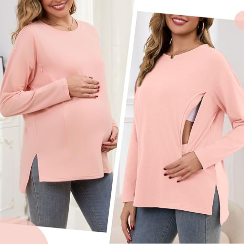Women's Nursing Shirts Long Sleeve with Hidden Zipper Oversized Breastfeeding Tops Side Split Maternity Blouse - color: Dusty Pink, size: Medium