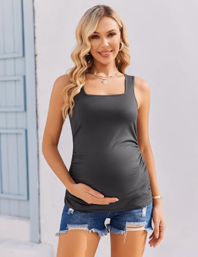 Ekouaer 3 Pack Maternity Tank Tops Square Neck Maternity Shirts - color: Dark Grey/White/Black, size: Medium