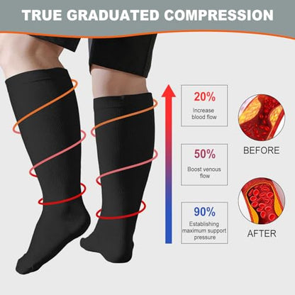 Plus Size Compression Socks: Wide Calf for Women Men 20-30 mmHg - color: Black, size: XX-Large