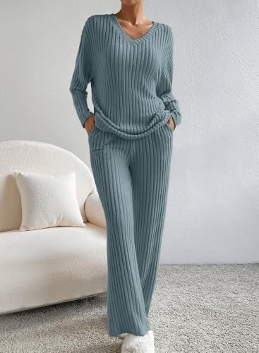 SHEWIN Women's Pajama Sets Ribbed Knit 2 Piece Lounge Sets - color: B Dusk Blue, size: Small