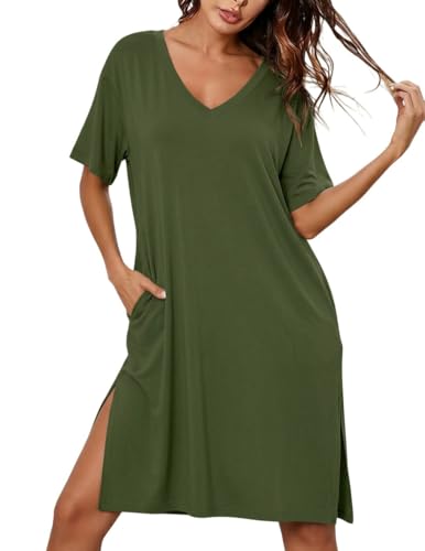 Ekouaer Womens Plus Size Nightgown Bamboo Viscose Short Sleeve Sleepshirt - color: Green, size: Large