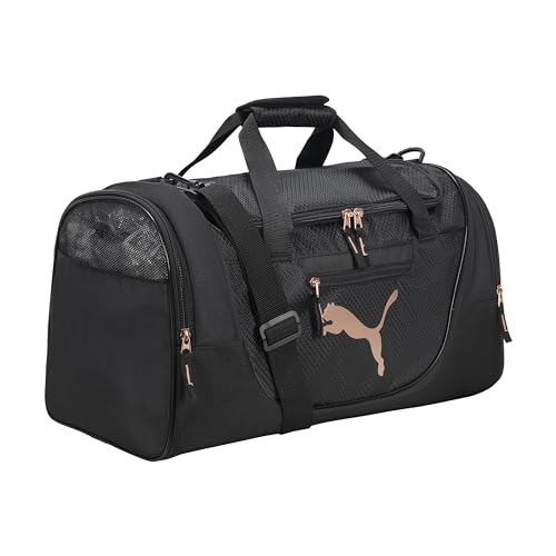 PUMA womens Candidate Duffel Bag with Removable Strap & Shoe Pocket - color: Black/Rose Gold
