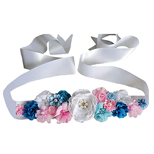 Maternity Pregnancy Flower Sash Belt, Rhinestone Feather Sash for Wedding Bride/Baby Shower Dress