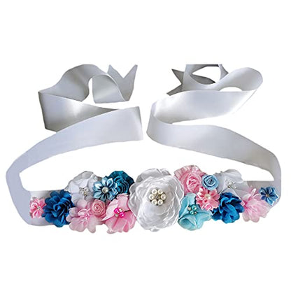 Maternity Pregnancy Flower Sash Belt, Rhinestone Feather Sash for Wedding Bride/Baby Shower Dress