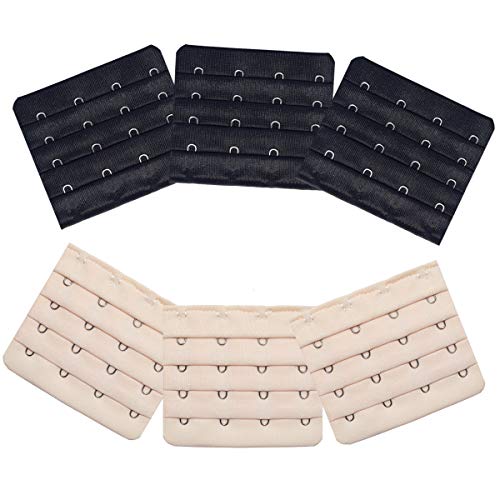 Ultra Soft Bra Extender Band Breathing Room 4 Rows Hook & Eye Extension Strap - color: 4 Hooks (6pcs/Pack, Black & Light Beige)