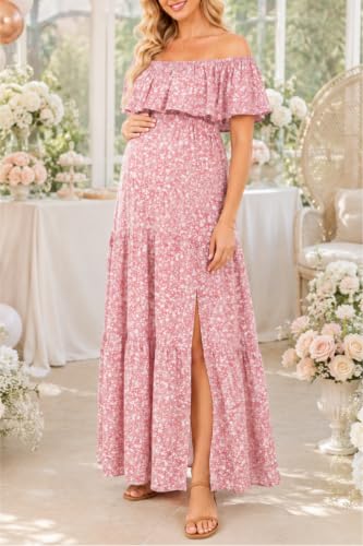 Talisea Maternity Off Shoulder Ruffle Maxi Dress Pregnancy Baby Shower - color: Pink Floral, size: Large