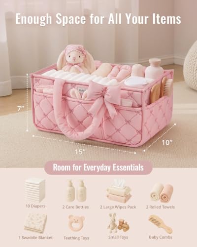 Blissful Diary Baby Diaper Caddy Organizer, Nursery Basket, Bow Light Pink - color: Bow Light Pink