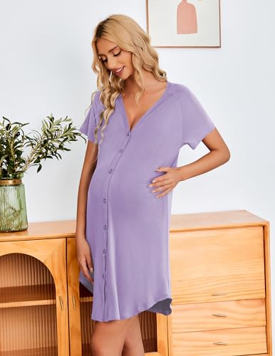 Ekouaer 3 Pack Nightgowns for Women Button Down Night Gowns with Pockets - color: Navy Blue/Lilac/Black Striped, size: Small
