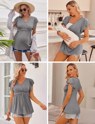 Ekouaer Maternity Shirts 3 Packs Nursing Tops Pregnancy Clothes - color: Army Green + Grey + Black(3pcs), size: Medium