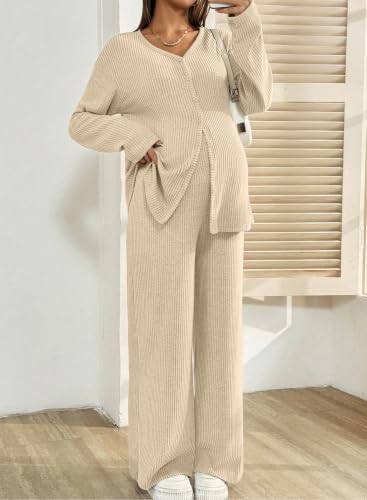 BLENCOT Maternity Lounge Set 2 Piece Long Sleeve Top and Pants with Pockets - color: Beige, size: Large