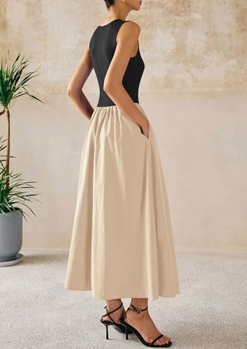 PRETTYGARDEN Pleated Maxi Dresses for Women with Pockets - color: Beige Black, size: Large