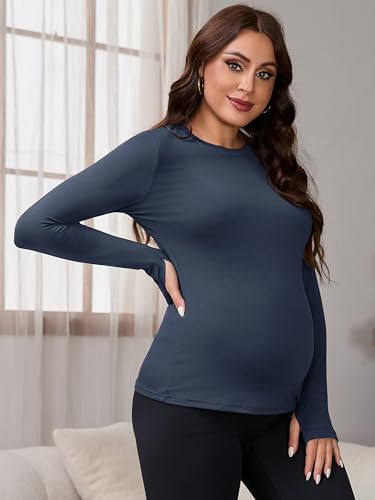 Women Maternity Stretchy Fitted Crew Neck Long Workout Tops - color: Navy Blue, size: Small