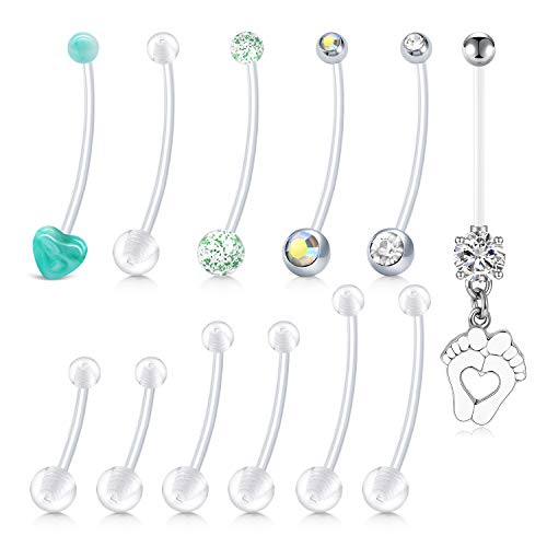 Longita Plastic Pregnancy Belly Button Rings Long Bar Navel Rings for Maternity Sport Pregnant Women Flexible Clear Belly Piercing Retainer Different Length bar and Balls for Replacement 10-32mm - color: Green & White - 25mm