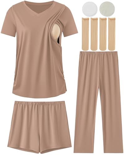 DANSHOW Maternity Nursing Pajama Set Postpartum Lounge PJS - color: Light Pink, size: X-Large