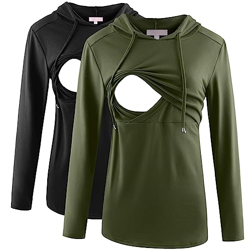 Bhome Nursing Shirt Long Sleeves Hoodie Breastfeeding Top Sweatshirt - color: Black/Army Green, size: Medium