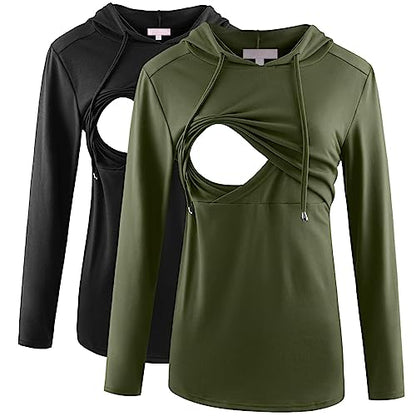 Bhome Nursing Shirt Long Sleeves Hoodie Breastfeeding Top Sweatshirt - color: Black/Army Green, size: Medium