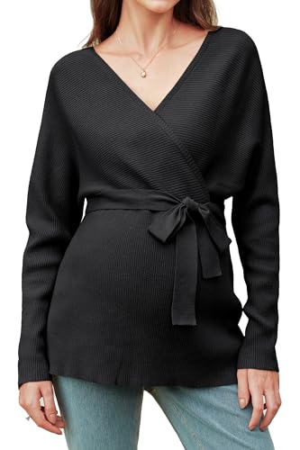 OUGES Womens Soft Cotton Blend Maternity Sweater Wrap V Neck Long Sleeve V Back Fall Shirts Pregnancy Outfits with Belt - color: Black, size: XX-Large