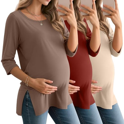 3 Pack Women's 3/4 Sleeve Maternity Loose Crewneck Tops - color: Coffee, Red, Beige, size: Medium