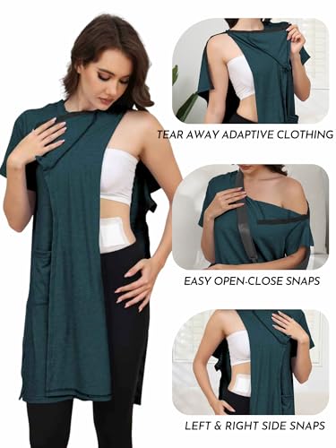 Women's Post Shoulder Surgery Tear Away Dress Short Sleeve Full Open Side Snap Adaptive Clothing with Pockets - color: Dark Green, size: Medium