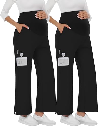 2 Pack Women's Maternity Scrub Pants with 6 Pockets - color: Black, Black, size: Large