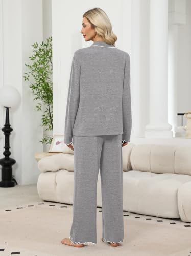 WIHOLL Women's Pajamas Sets Cute Ruffle Long Sleeve Button Up 2 Piece Pjs - color: Light Grey, size: Medium