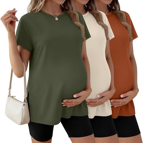 Ficerd 3 Pack Women's Maternity T Shirts - color: Army Green, Cream, Pumpkin, size: Small