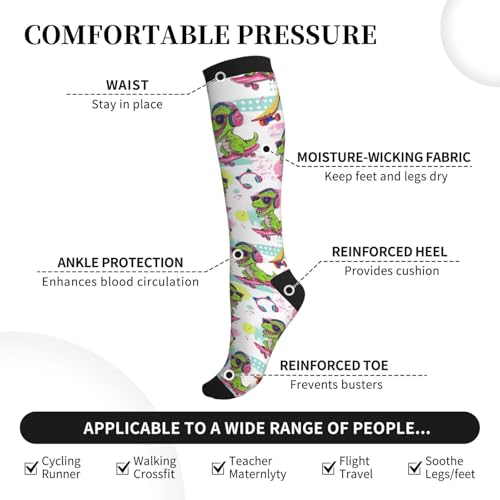 bassyil Compression Socks for Women & Men Circulation 15-20 mmHg Knee High Best Support for Nurses Travel Running Athletic - color: Dinosaur Skateboard