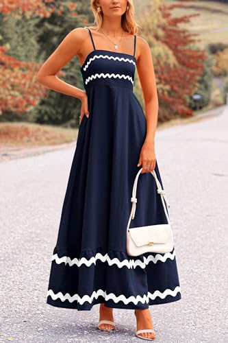 PRETTYGARDEN Women's Summer Spaghetti Strap Boho Maxi Dress - color: Dark Blue, size: Small