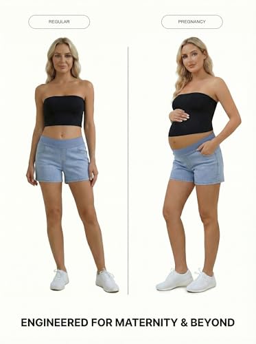 BLENCOT Maternity Jean Shorts Denim Pregnancy Classic Pockets Pregnancy - color: Beau Blue, size: X-Large
