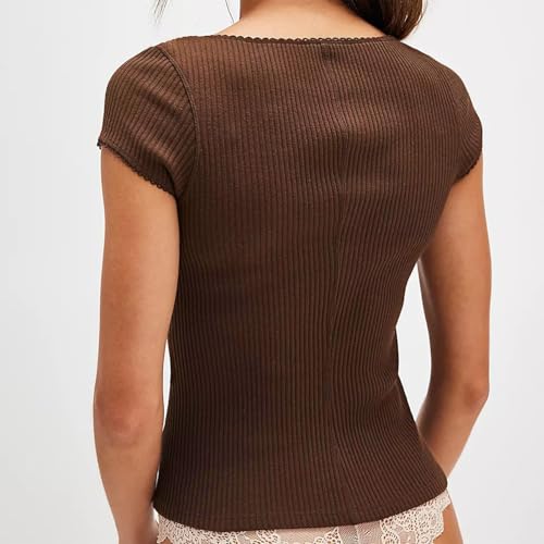 Womens Short Sleeve Cardigan Fitted Button Down Shirts Y2k Going Out Tops - color: Coffee, size: Small
