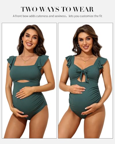 Charmo Ruffle Maternity Bathing Suits Ribbed Tie Knot Pregnancy Swimsuit - color: Green, size: Large