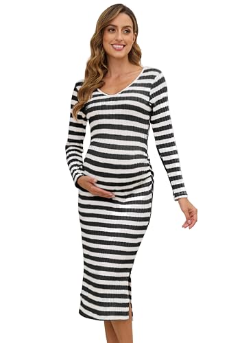 LAHILO Long Sleeve Maternity Sweater Dress for Fall Winter Baby Shower - color: Black White, size: Medium