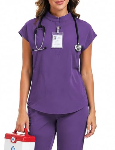 VECARDI Womens Scrub Top Zip Front Dolman Sleeves with Pockets - color: Dark Purple, size: Medium