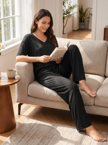 OUGES Women's Pajama Sets Lyocell Cotton Lounge Set Short Sleeve Soft Loungewear Casual Summer Travel 2 Piece Outfits - color: Black, size: Large
