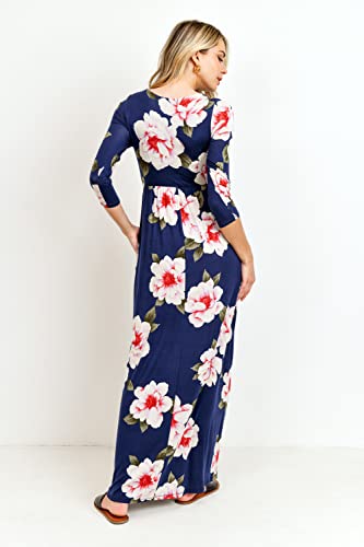 LaClef Women's Wrapped Ruched Maternity Dress with Pocket - color: Navy Flower, size: Medium