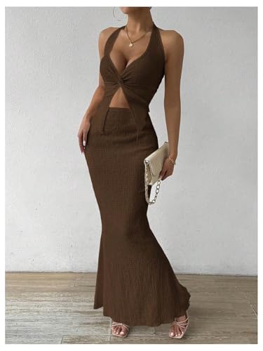SOLY HUX Women's 2 Piece Outfit Twist Front Halter Cami Skirt Summer Set - color: Plain Brown, size: X-Large