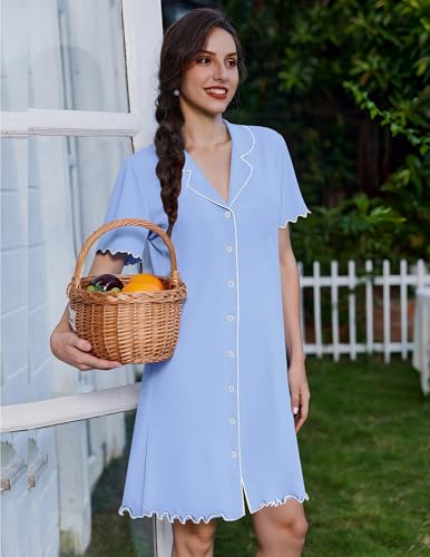Ekouaer Cotton Nightgowns for Women Button Down Sleep Shirts Night Shirts - color: Light Blue, size: Medium