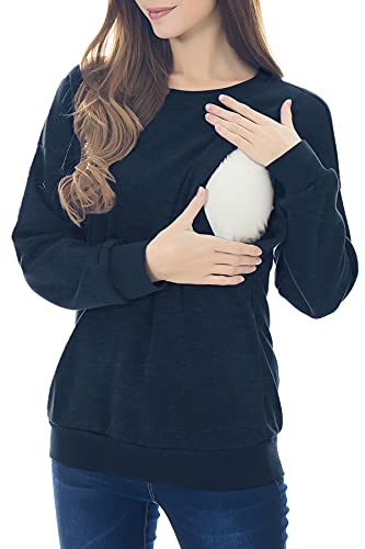 Smallshow Fleece Maternity Nursing Sweatshirt Long Sleeve Breastfeeding Tops - color: Denim Blue, size: X-Large