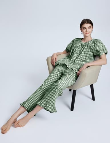 Flygo Women's Cotton Gingham Pajama Set 2 Piece Ruffle Lounge Sleepwear - color: Darkgreen, size: Medium