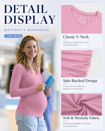 Neer 4 Pack Maternity Long Sleeve V Neck Under Scrub Tops - color: Black, White, Lake Green, Light Pink, size: Medium