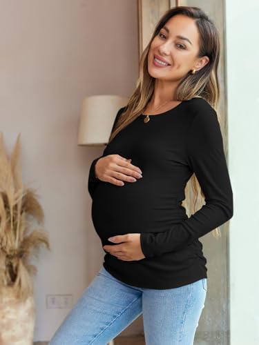 Women's Maternity Fall Tops Long Sleeve Crew Neck Ribbed Knit Slim Fitted Blouse Side Ruched Pregnancy Shirts - color: Long Sleeve-black, size: Medium