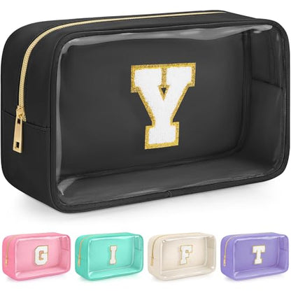 Initial Clear Makeup Bag, Birthday Gift Chenille Patch Cosmetic Bag - color: Black, size: Y
