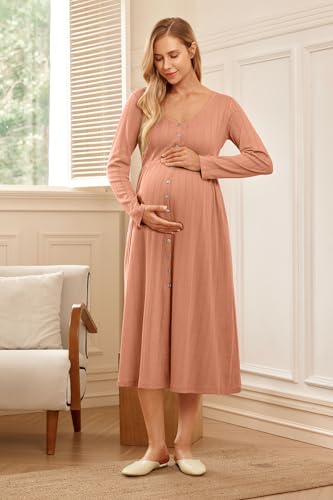 OUGES Cotton Blend Maternity Pajamas Nightgown Button Down Nursing Gown Labor Delivery Breastfeeding Dress with Pockets - color: Brick Red, size: Medium