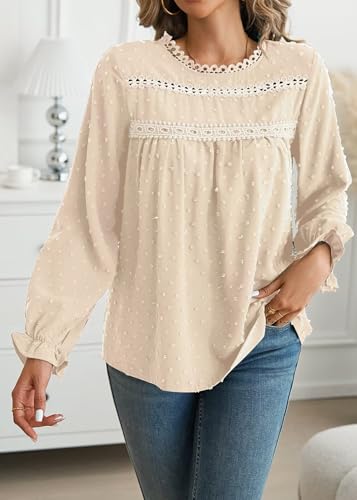Falechay Boho Tops for Women Ruffle Long Sleeve Crewneck Swiss Dot Shirts - color: Apricot, size: Large