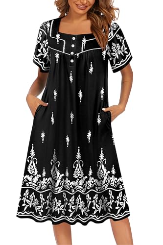 Ekouaer Women's House Dress with Pocket Button Mumus - color: Black Boho, size: X-Large