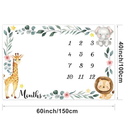 Jungle Animals Baby Monthly Milestone Blanket Flowers Plants Surrounded