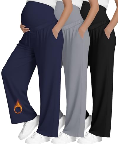 3 Pack Fleece Lined Maternity Sweatpants Lounge Pants - color: Black, Light Gray, Navy Blue, size: Medium